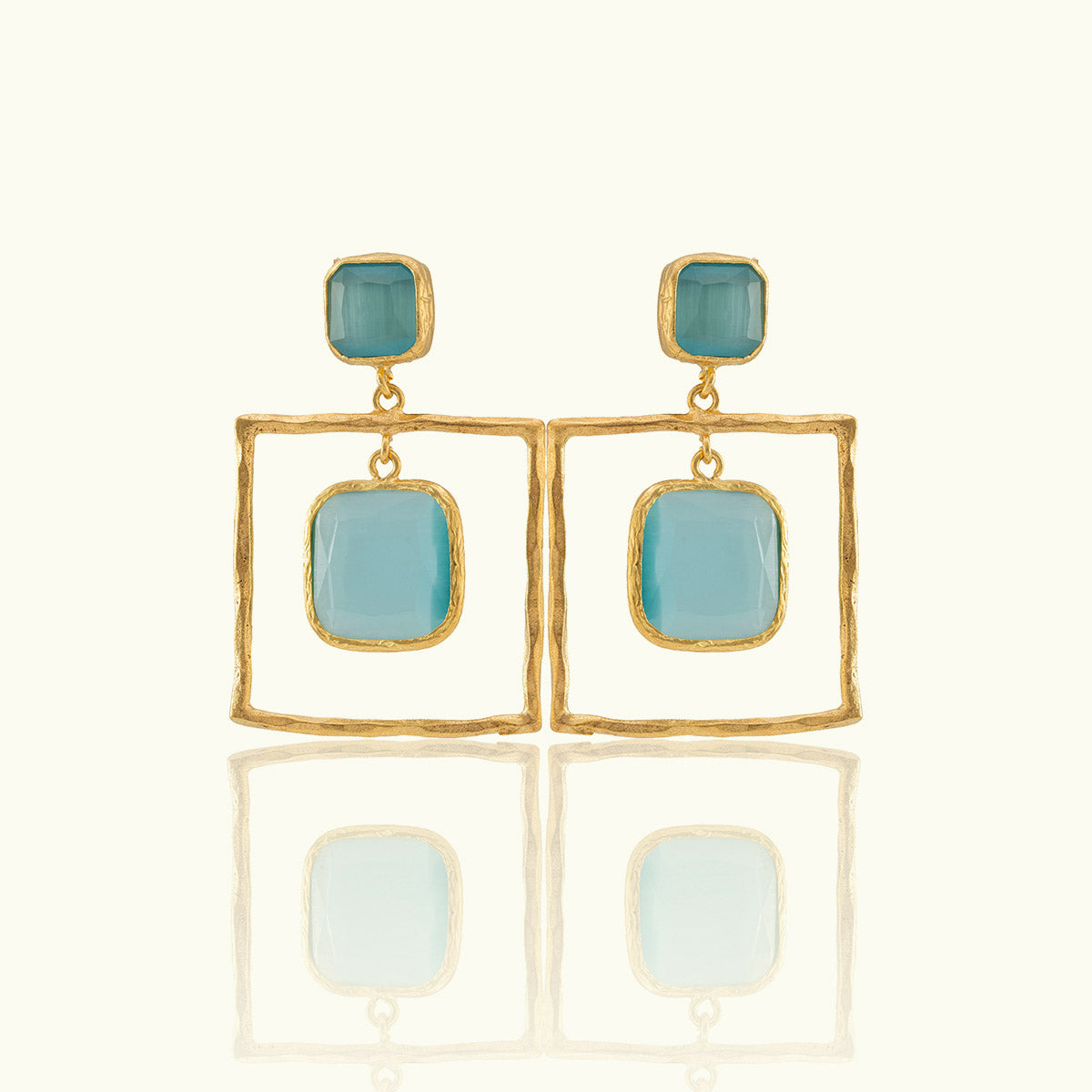 Double Frame Square Stone Gold Earrings