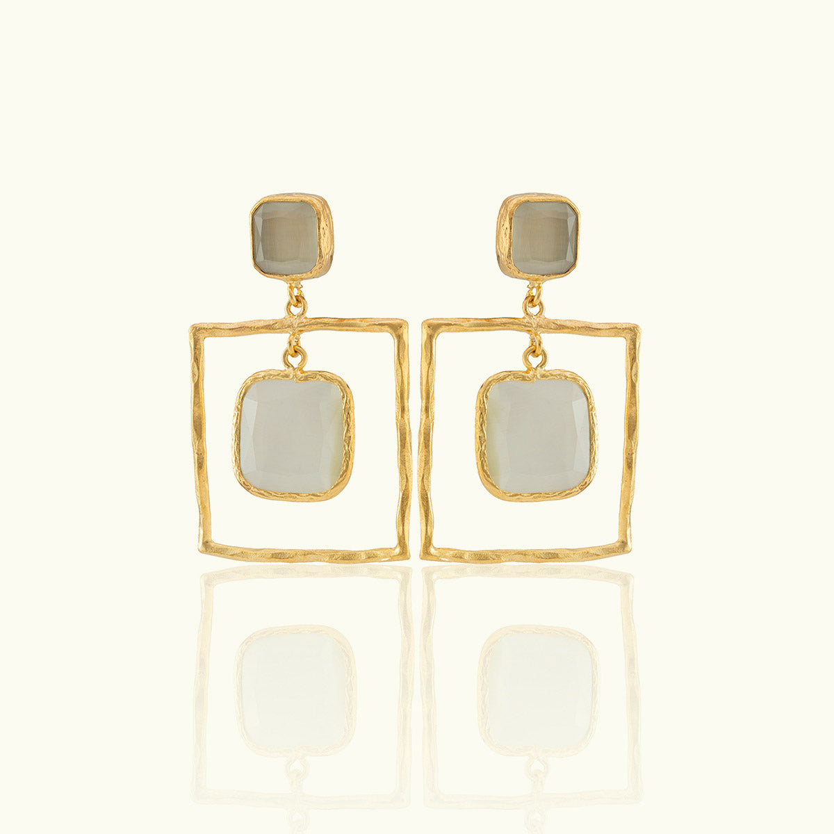 Double Frame Square Stone Gold Earrings