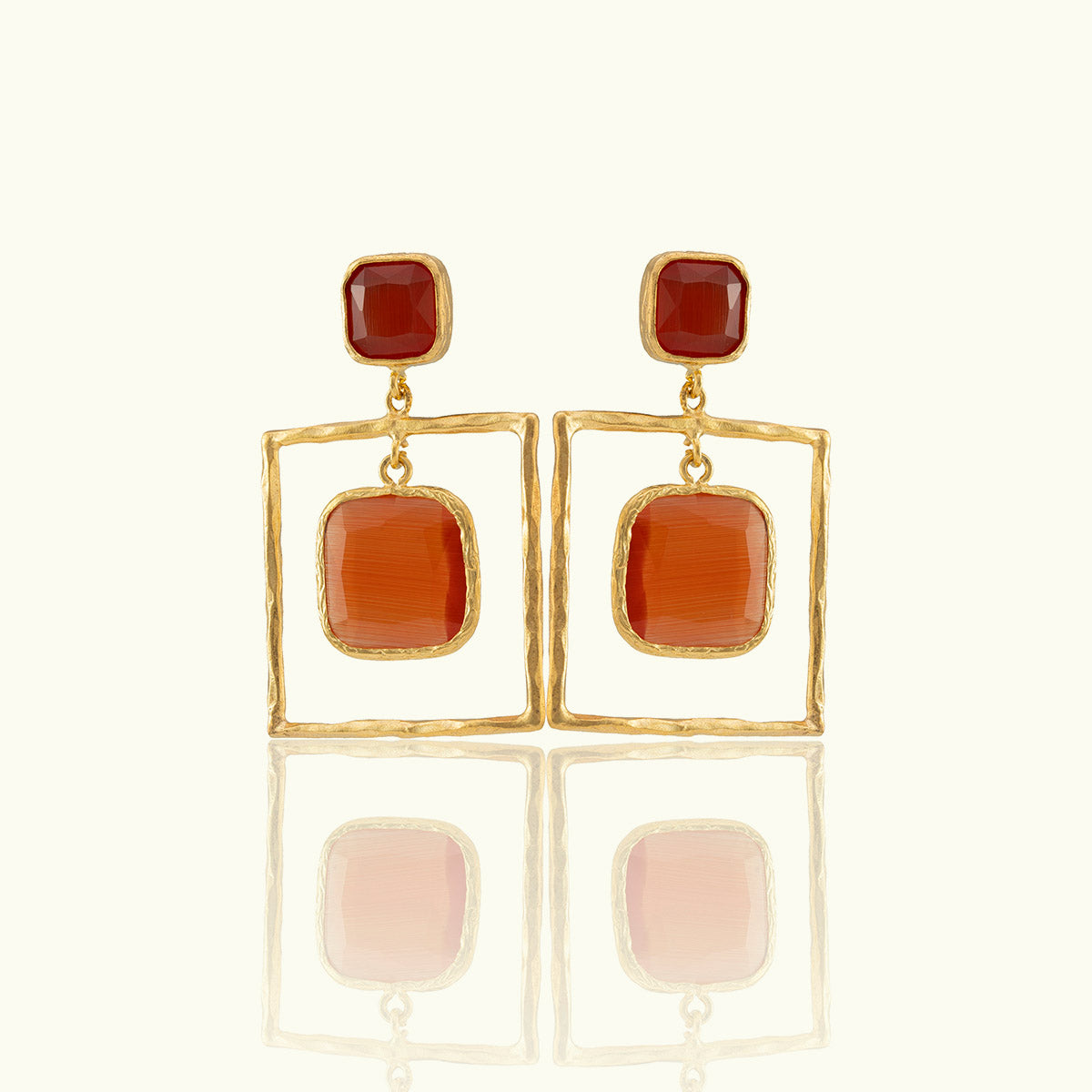 Double Frame Square Stone Gold Earrings