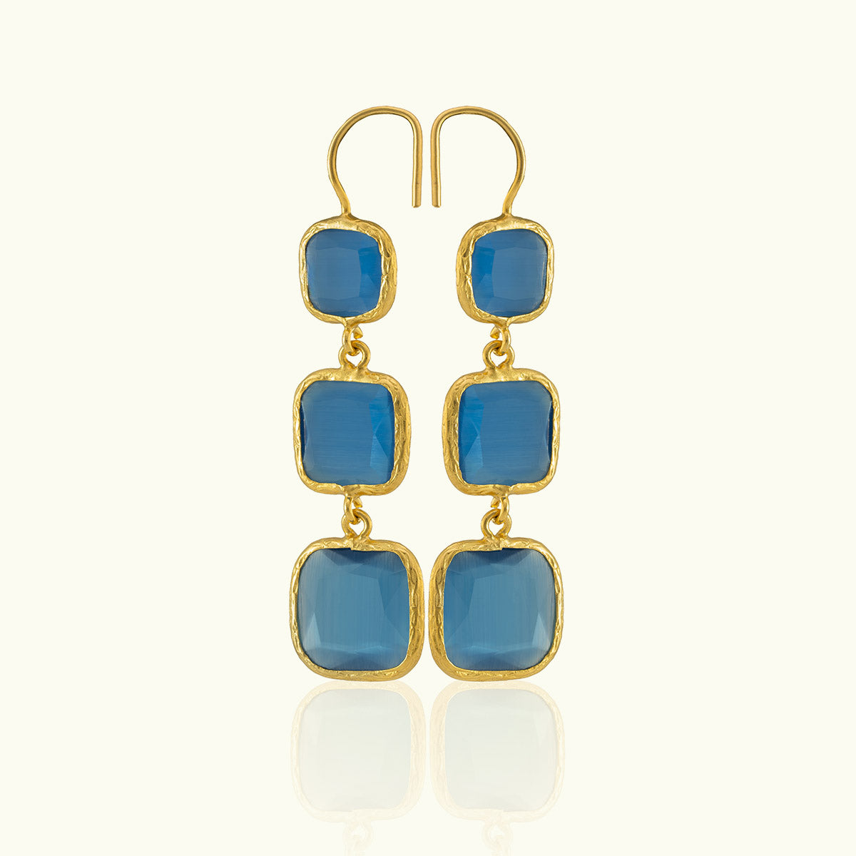 Triple Square Stone Gold Earrings