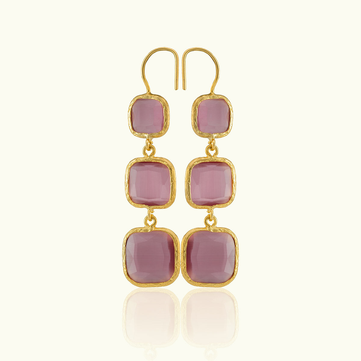 Triple Square Stone Gold Earrings