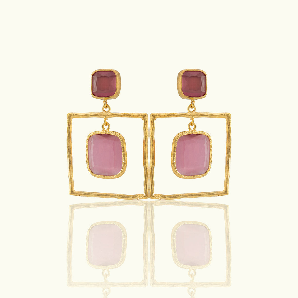 Double Frame Square Stone Gold Earrings