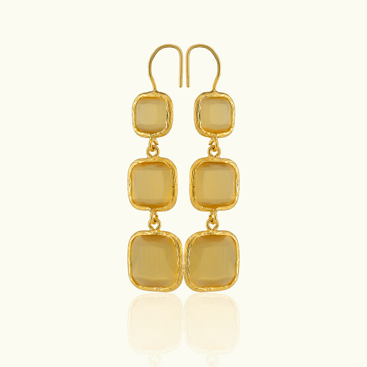 Triple Square Stone Gold Earrings