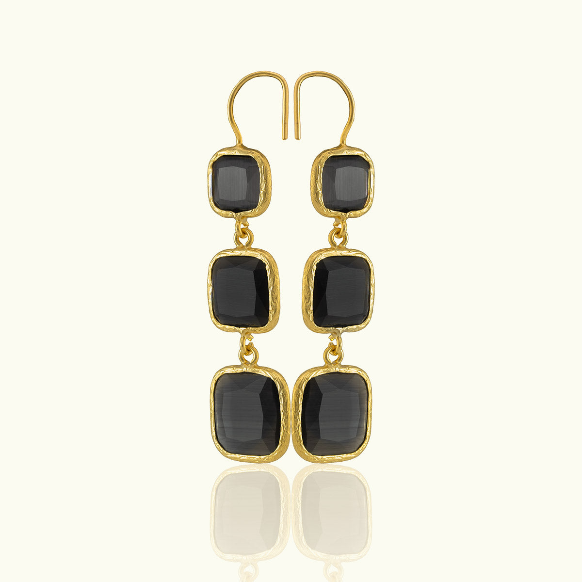 Triple Square Stone Gold Earrings