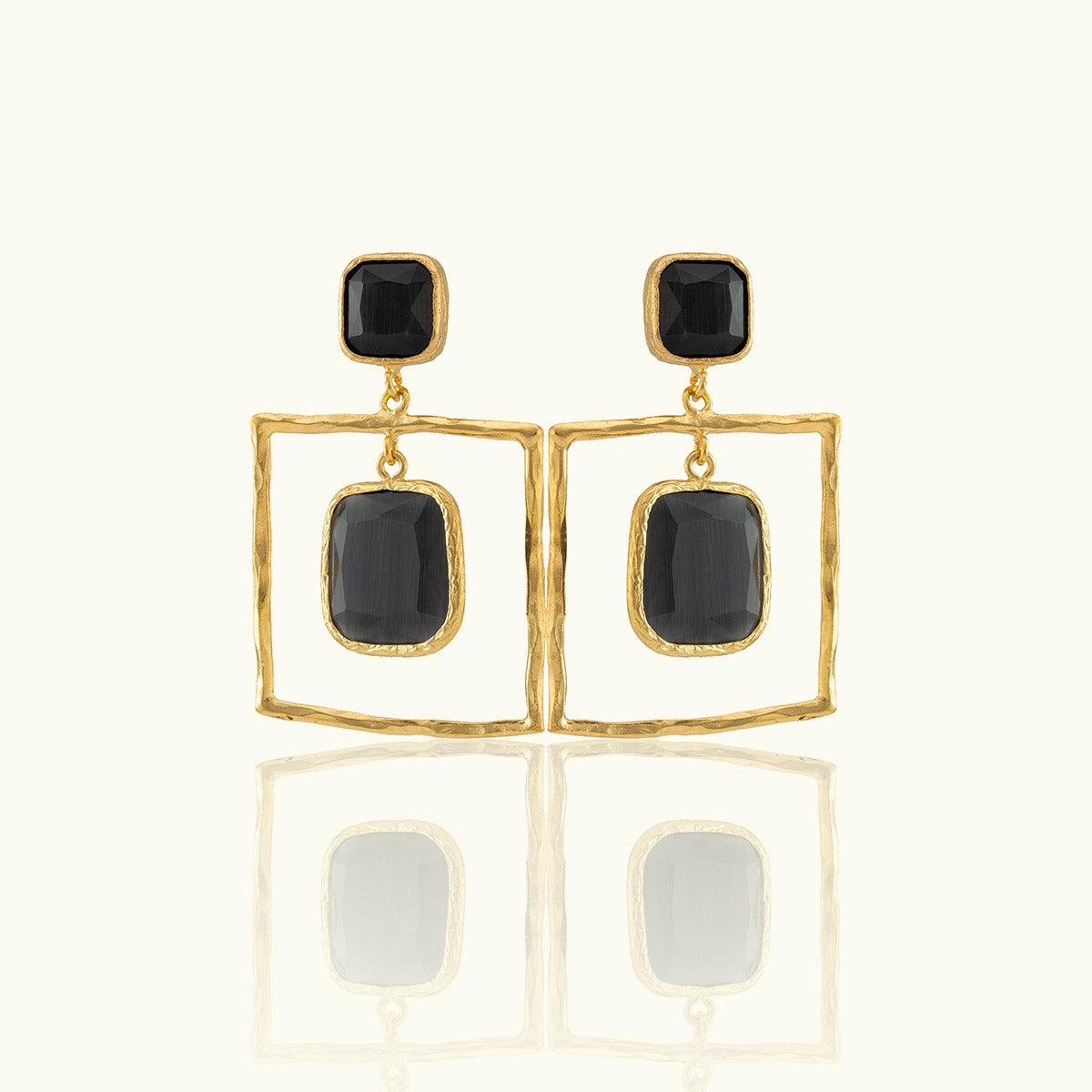 Double Frame Square Stone Gold Earrings