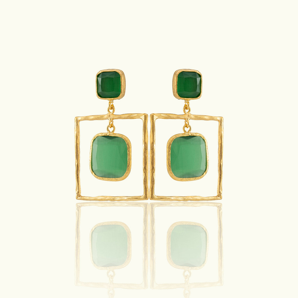 Double Frame Square Stone Gold Earrings