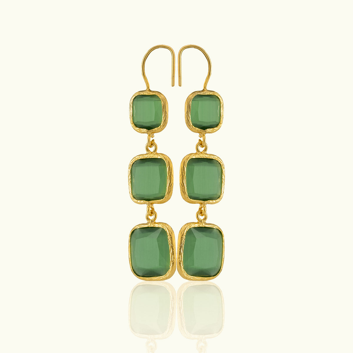 Triple Square Stone Gold Earrings