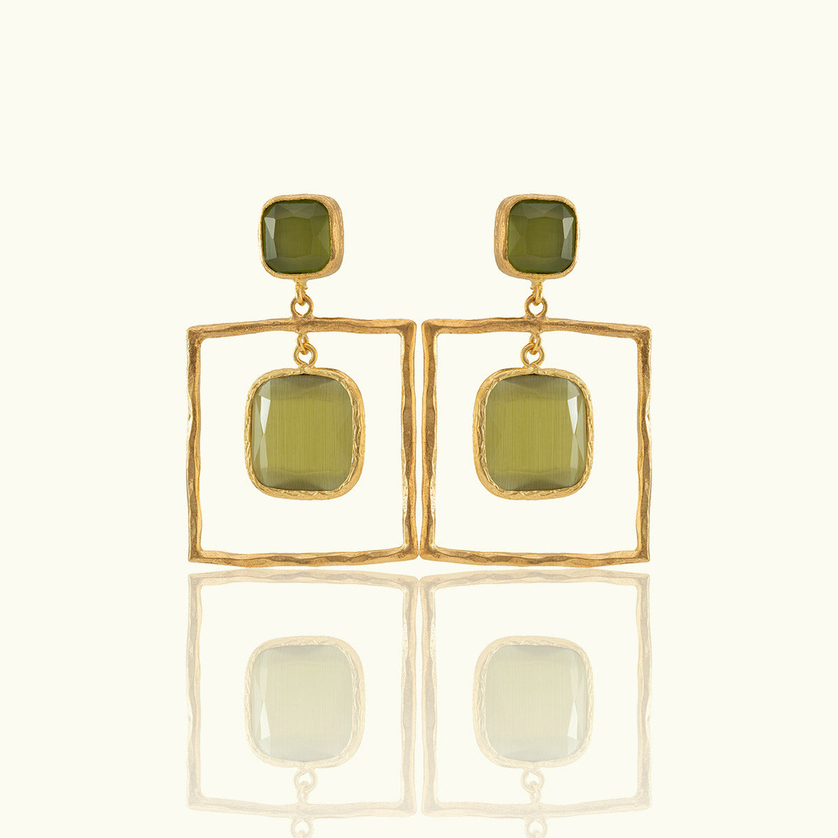 Double Frame Square Stone Gold Earrings