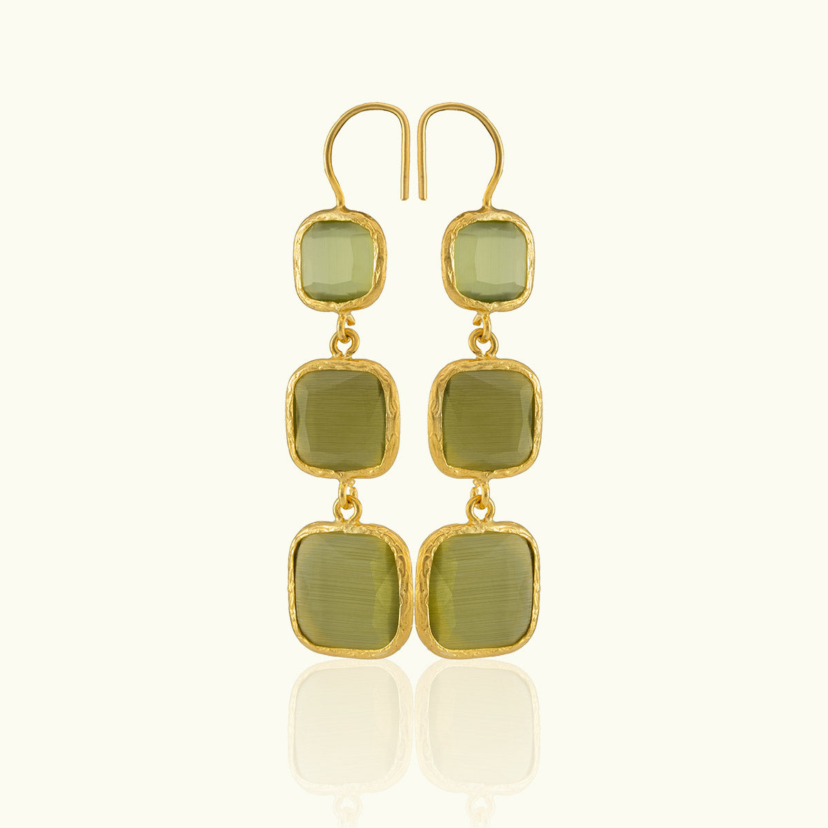 Triple Square Stone Gold Earrings